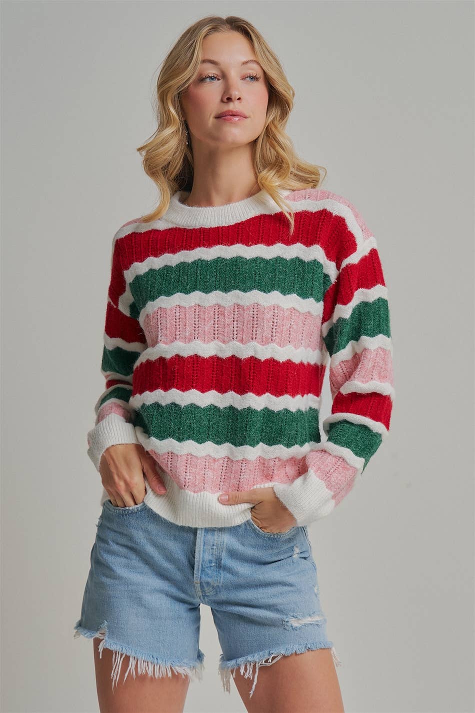 HOLIDAY CHRISTMAS  TEXTURED STRIPE SWEATER TOP_JLT00341-01