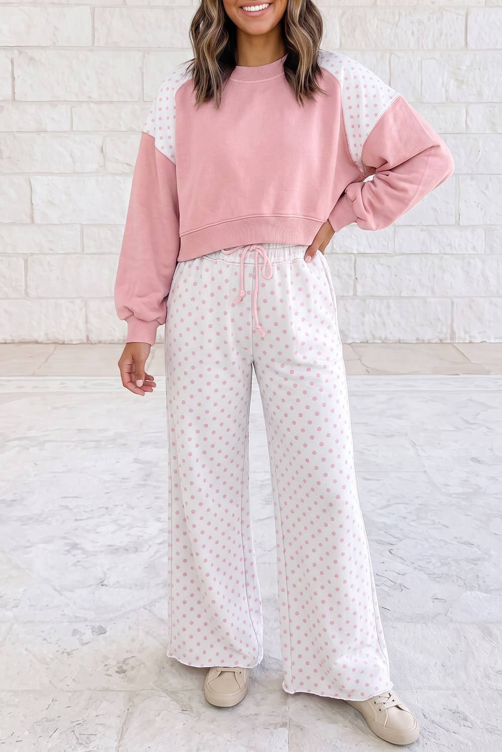 Polka Dot Patchwork Long Sleeve Casual Two Piece Set S-4X