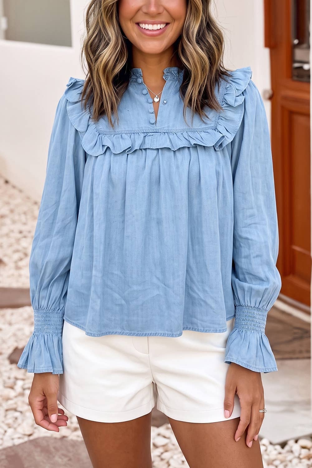 LDC Western Ruffle V Neck Long Sleeve Chambray Blouse
