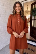 LAS Solid Ruffle Trim Bubble Sleeve Shift Mini Dress (S-XL)