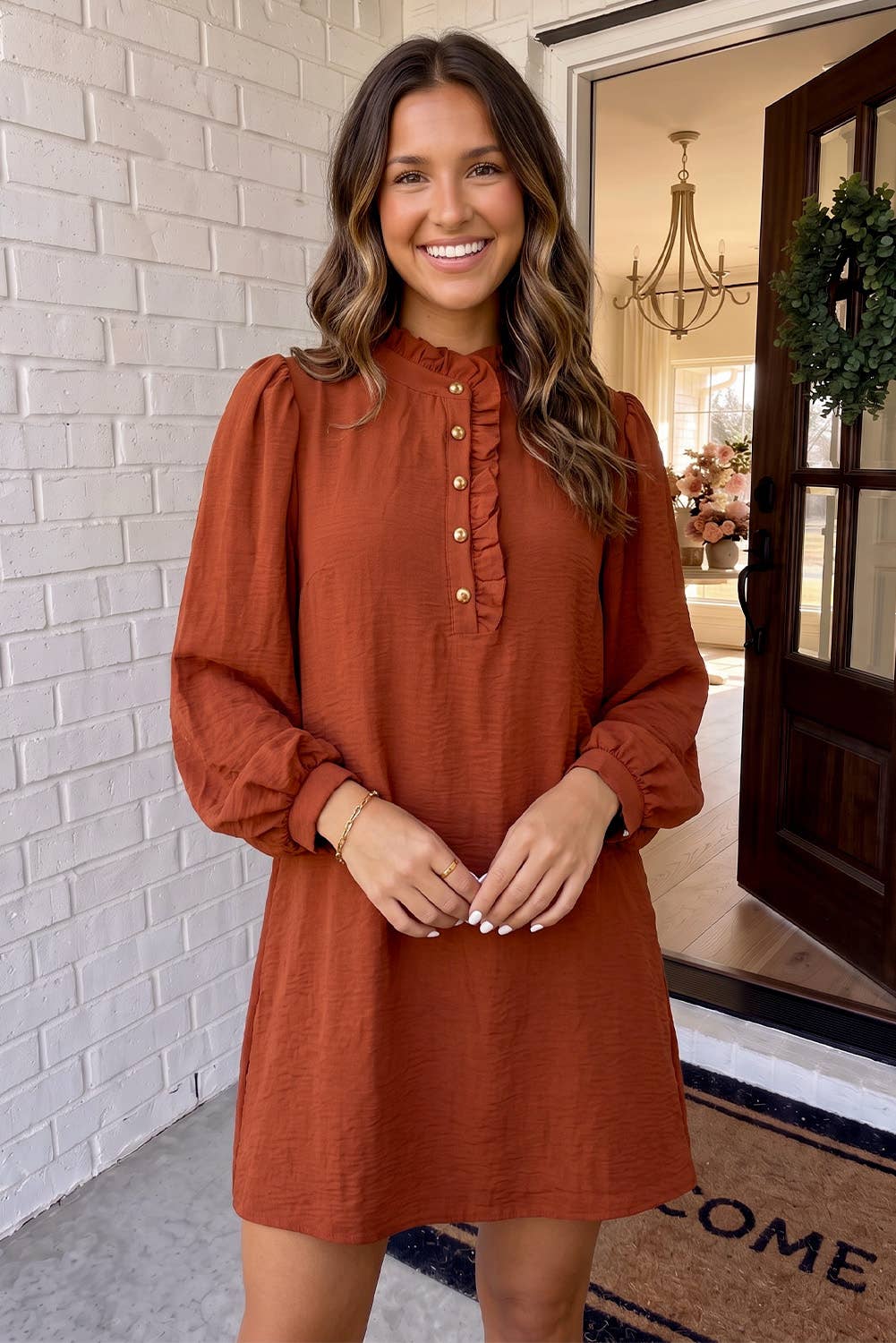 LAS Solid Ruffle Trim Bubble Sleeve Shift Mini Dress (S-XL)