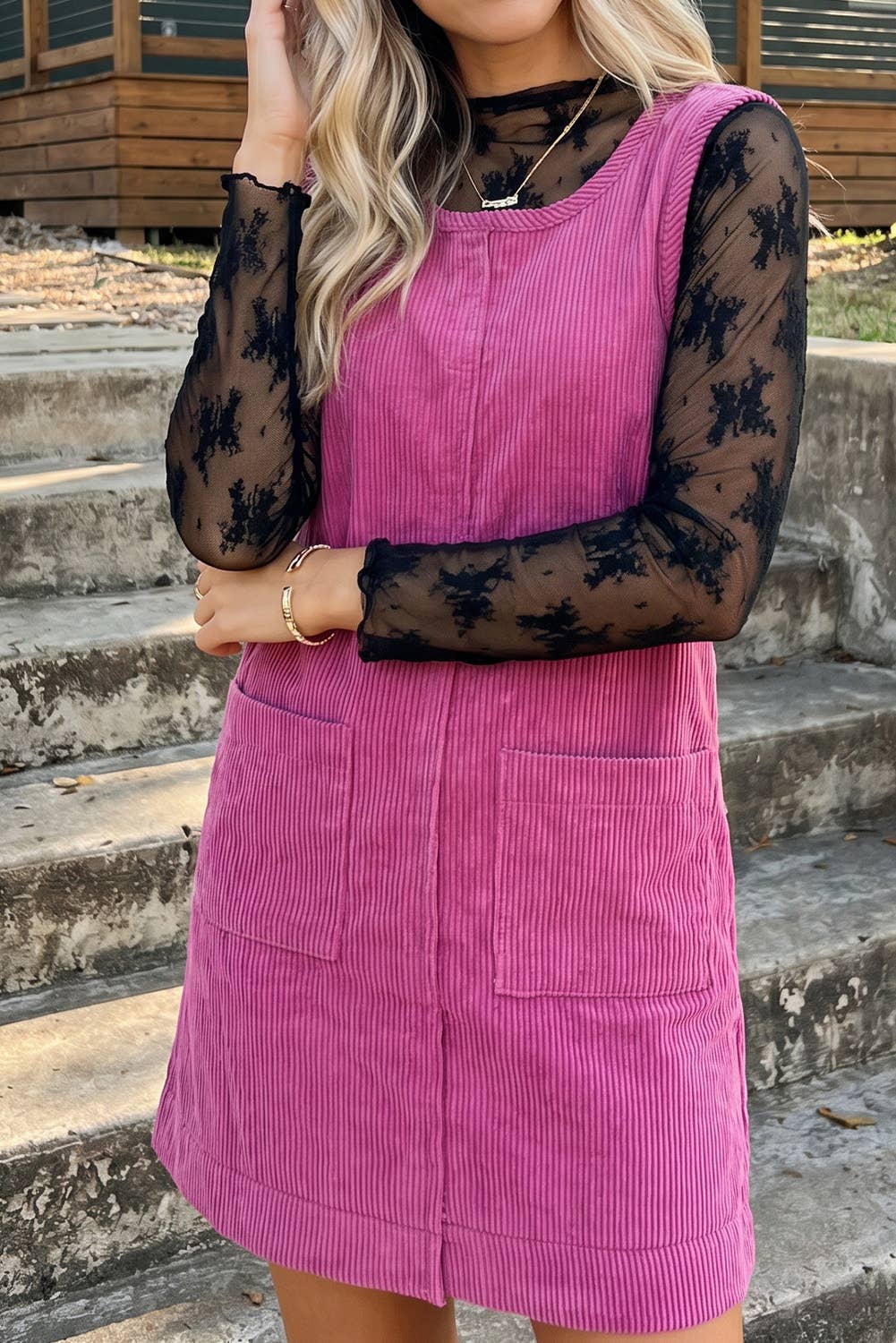 Corduroy Sleeveless Mini Dress With Patched Pockets (S-4X)