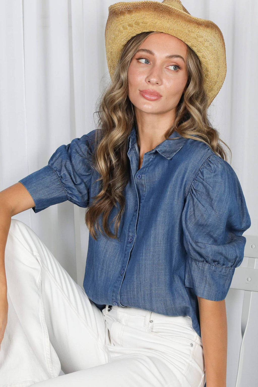Collared Puff-Sleeve 100%Tencel Chambray Denim