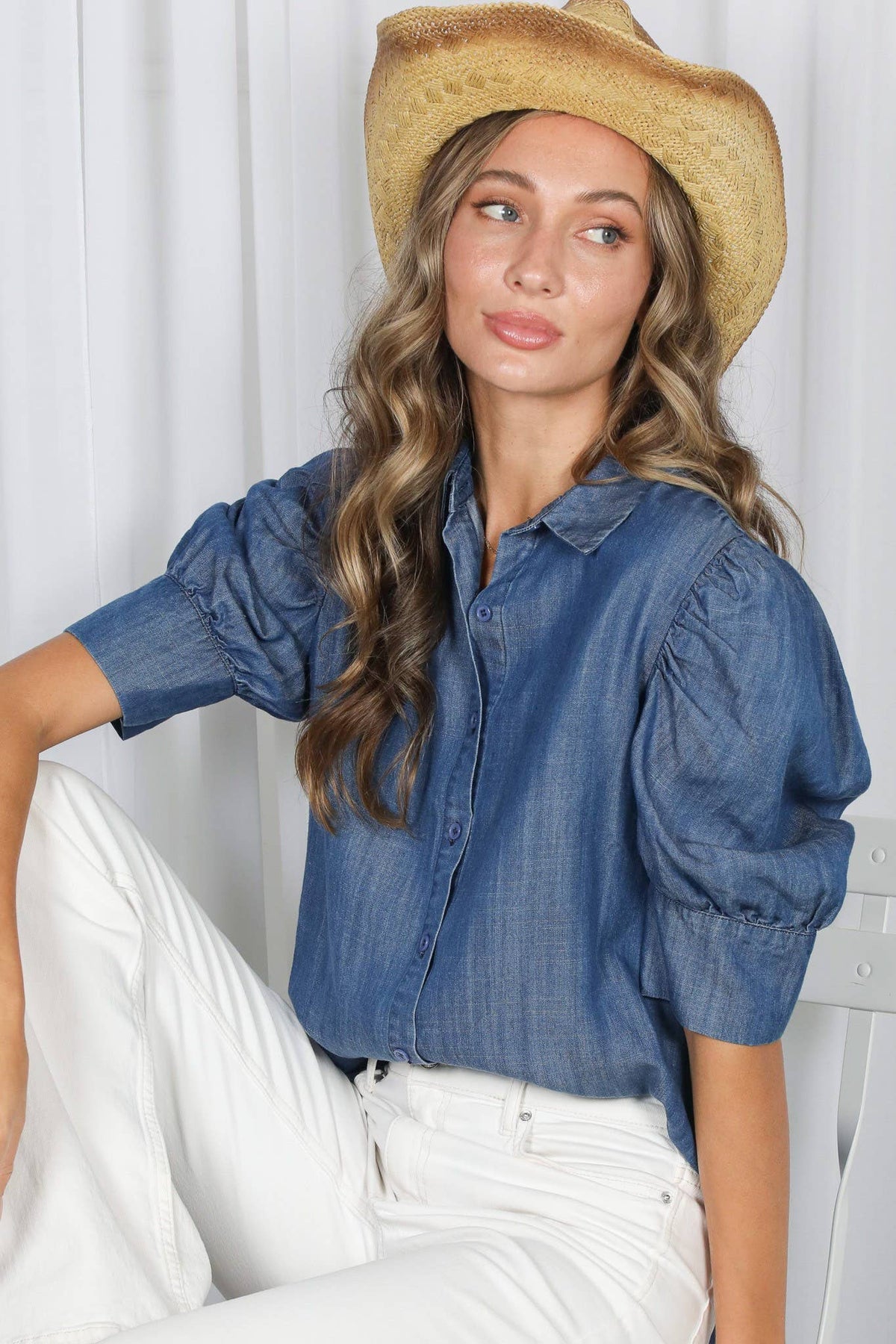 Collared Puff-Sleeve 100%Tencel Chambray Denim