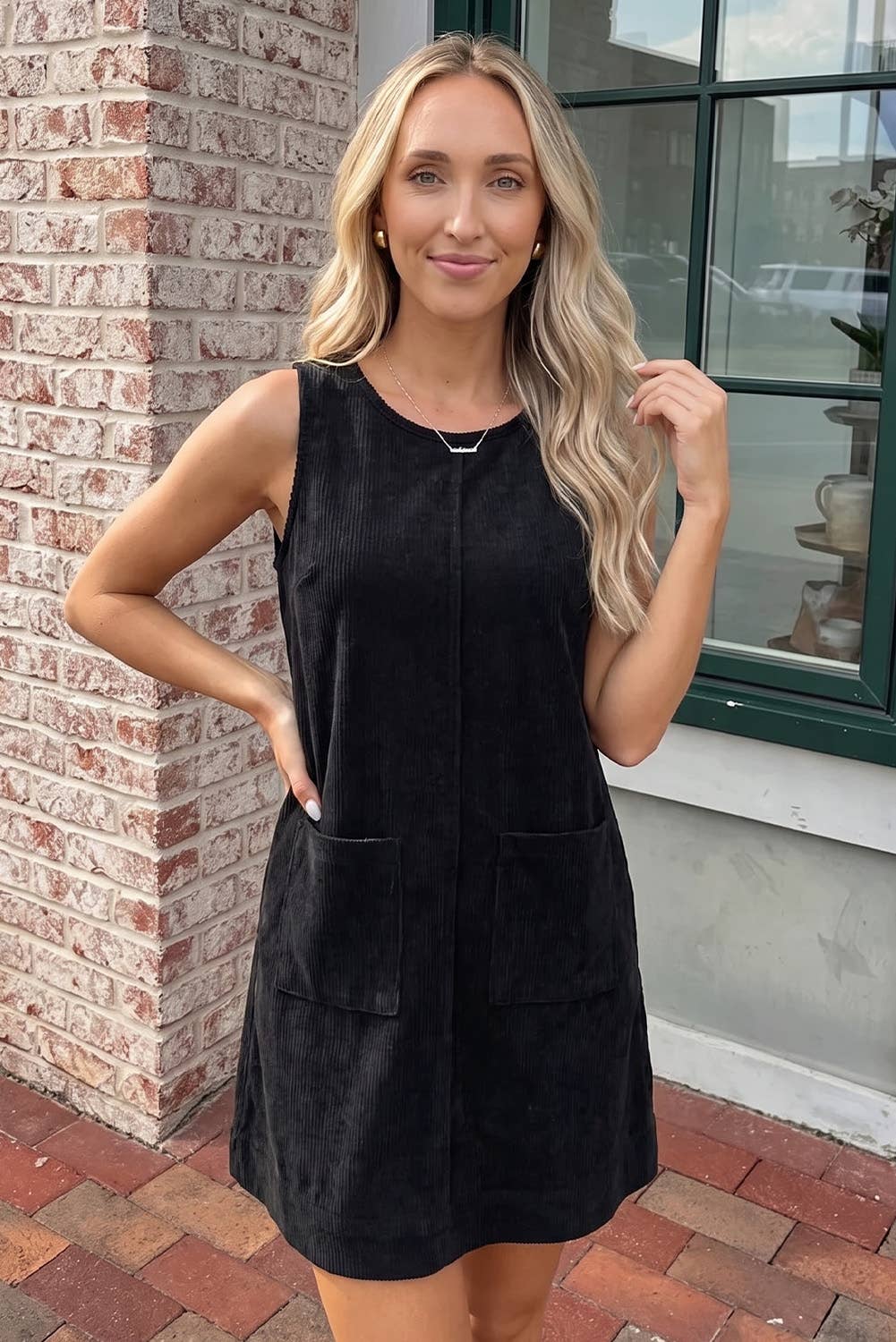 Corduroy Sleeveless Mini Dress With Patched Pockets (S-4X)