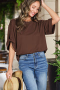 Tie Accent Sleeve Soft Casual T-Shirt Top VT82907