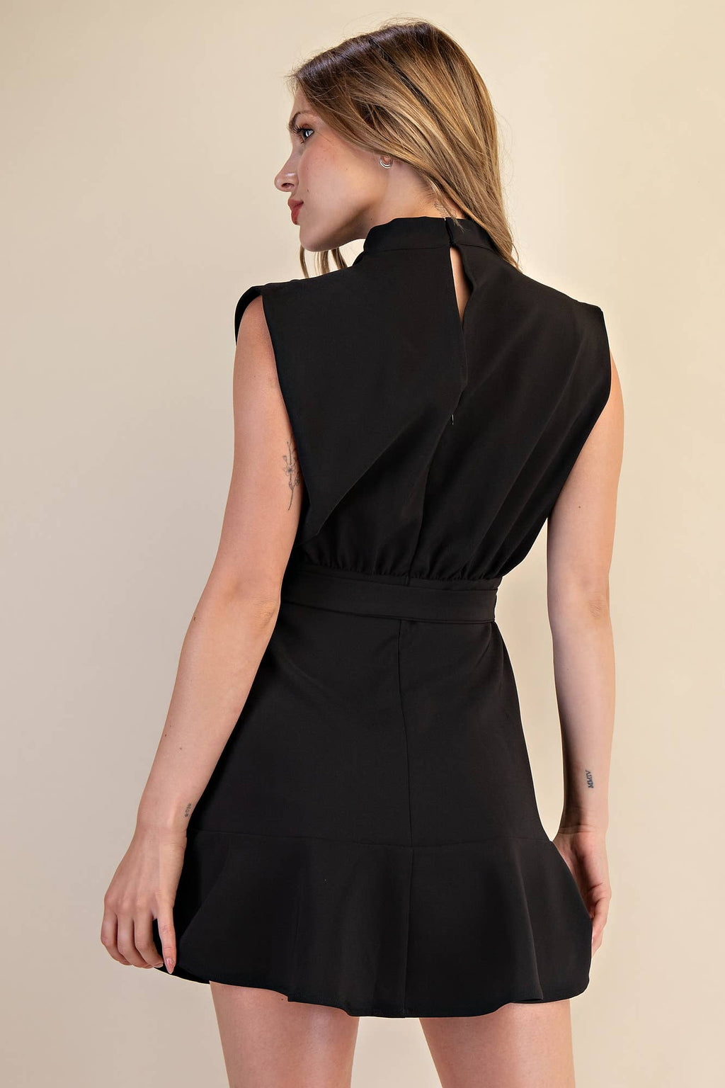 Cowl Neck Sleeveless Waist Tie Fall Mini Dress