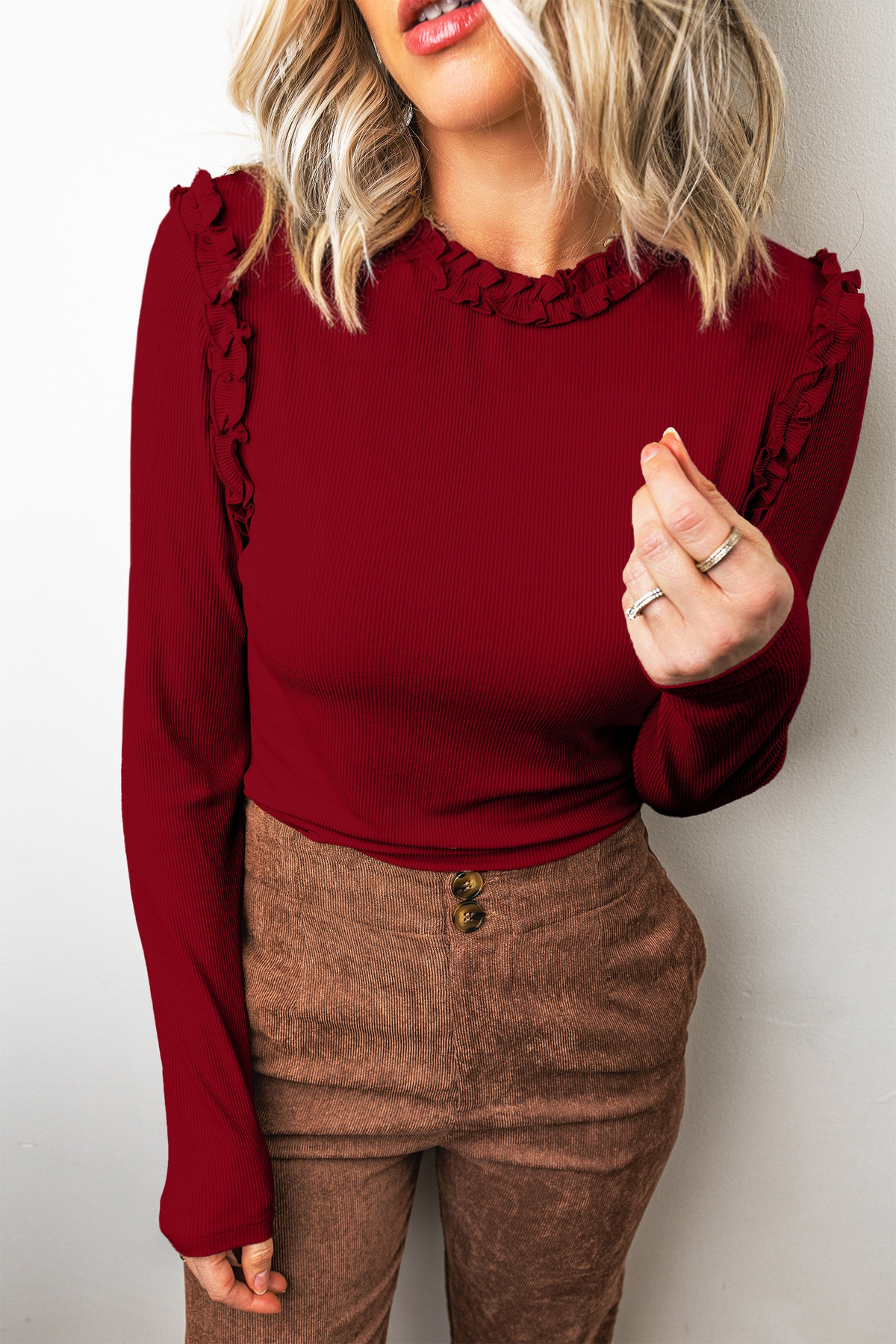 LDC Solid Color Round Neck Frill Detail Long Sleeve Top