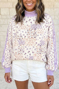 Floral Print Mock Neck Colorblock Sleeve Paneling Sweatshirt