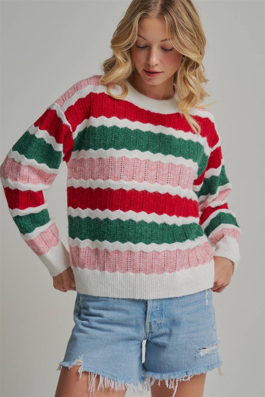 HOLIDAY CHRISTMAS  TEXTURED STRIPE SWEATER TOP_JLT00341-01