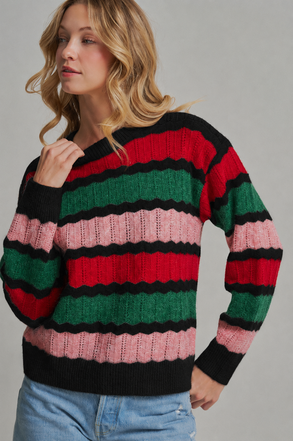 HOLIDAY CHRISTMAS  TEXTURED STRIPE SWEATER TOP_JLT00341-01