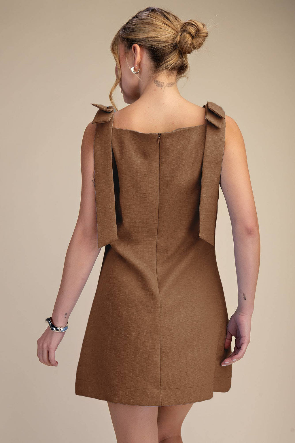 Bow Sleeveless Textured Mini Dress