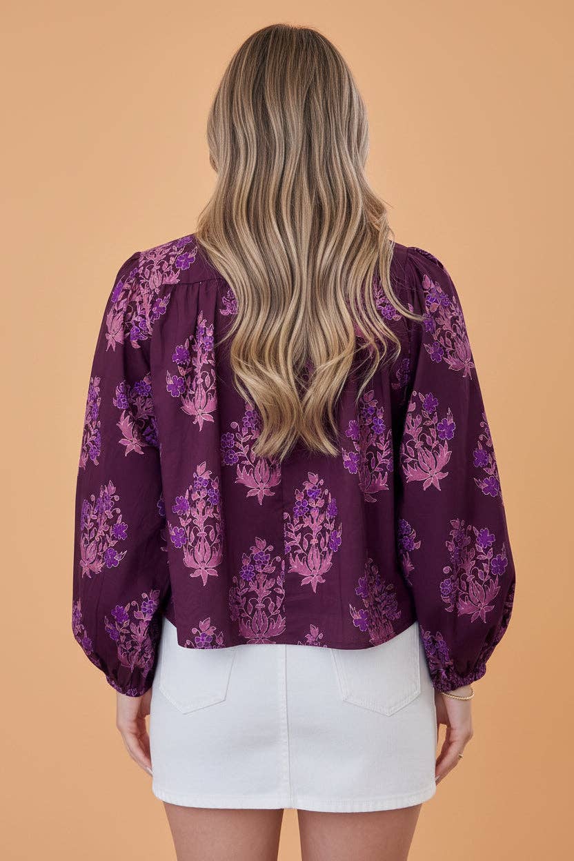 Floral Button Front Long Puff Sleeve Blouse