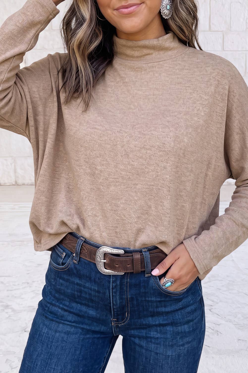 Oversized Mock Neck Long Sleeve Layering Basic Blouse