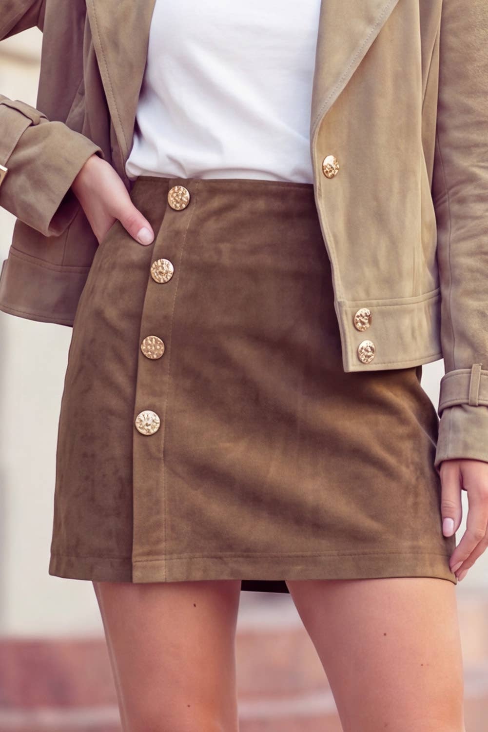 Gold Button Asymmetric Wrapped Detail Mini Skirt