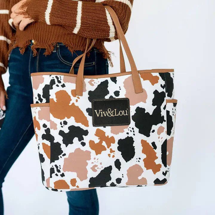 Herd That Cow Hayden Tote Western Cow Print Canvas Travel Bag #M965-COW-VLXK