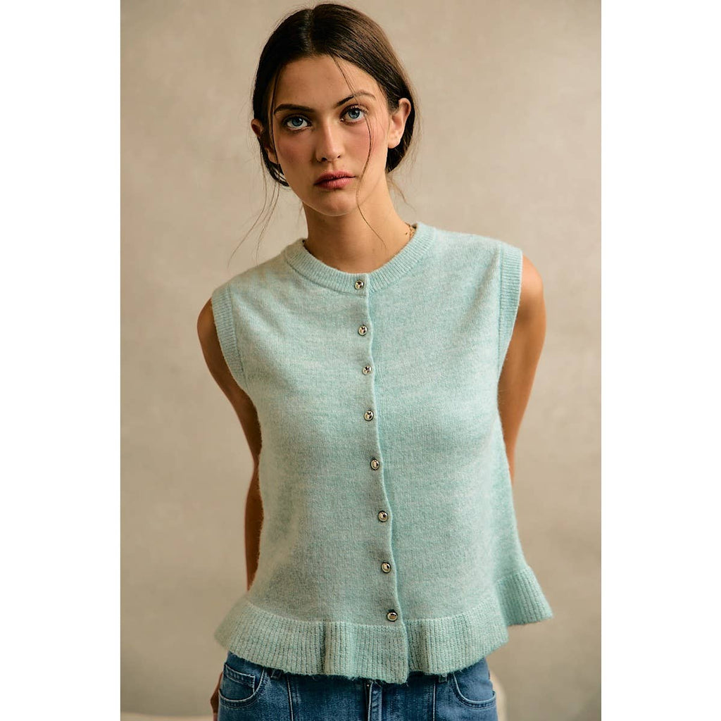 BUTTON FRONT RUFFLE TRIM HEM KNIT VEST