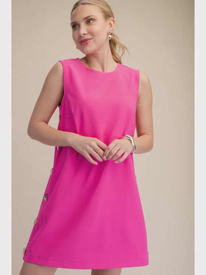 Round Neck Sleeveless Side Button Shift Mini Dress