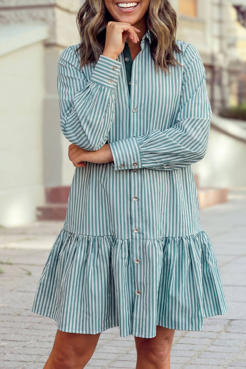 Long Sleeve Collared Striped Mini Shirt Dress