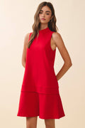 CD06414-Sleeveless Mock Neck Layered Hem Shift Dress