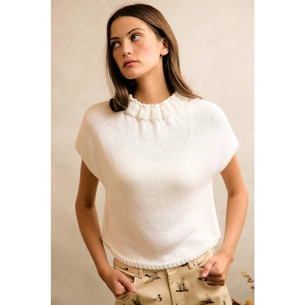 HIGH NECK CAP SLEEVE KNIT VEST