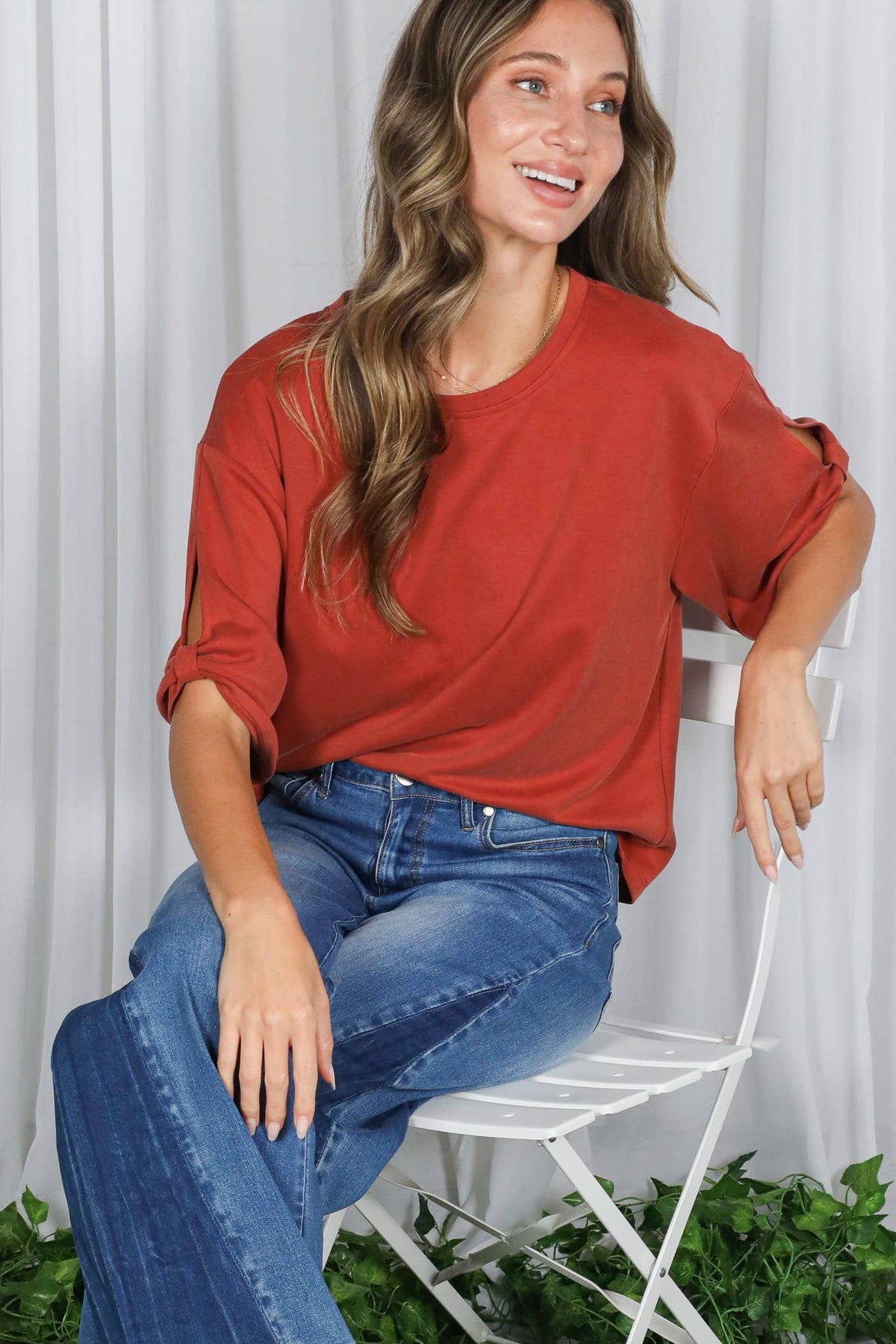 Tie Accent Sleeve Soft Casual T-Shirt Top VT82907