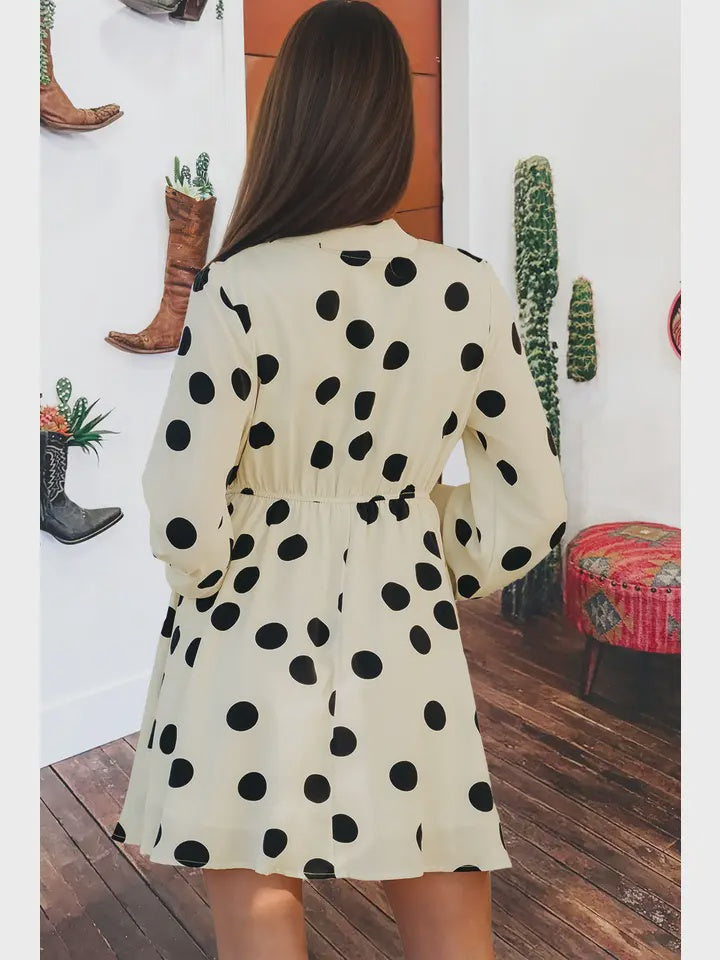 Polka Dot Printed Surplice V Neck Puff Sleeve Spring Dresses