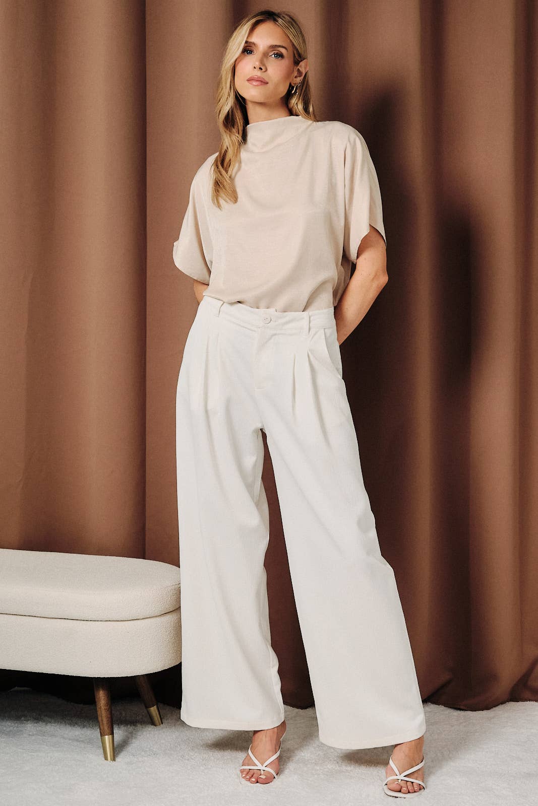 Mock Neck Short Sleeve Satin Blouse