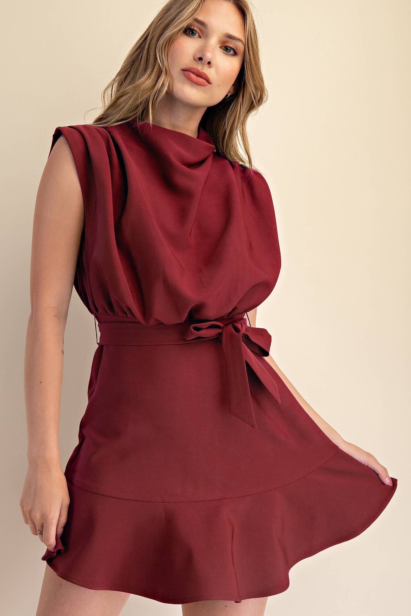 Cowl Neck Sleeveless Waist Tie Fall Mini Dress