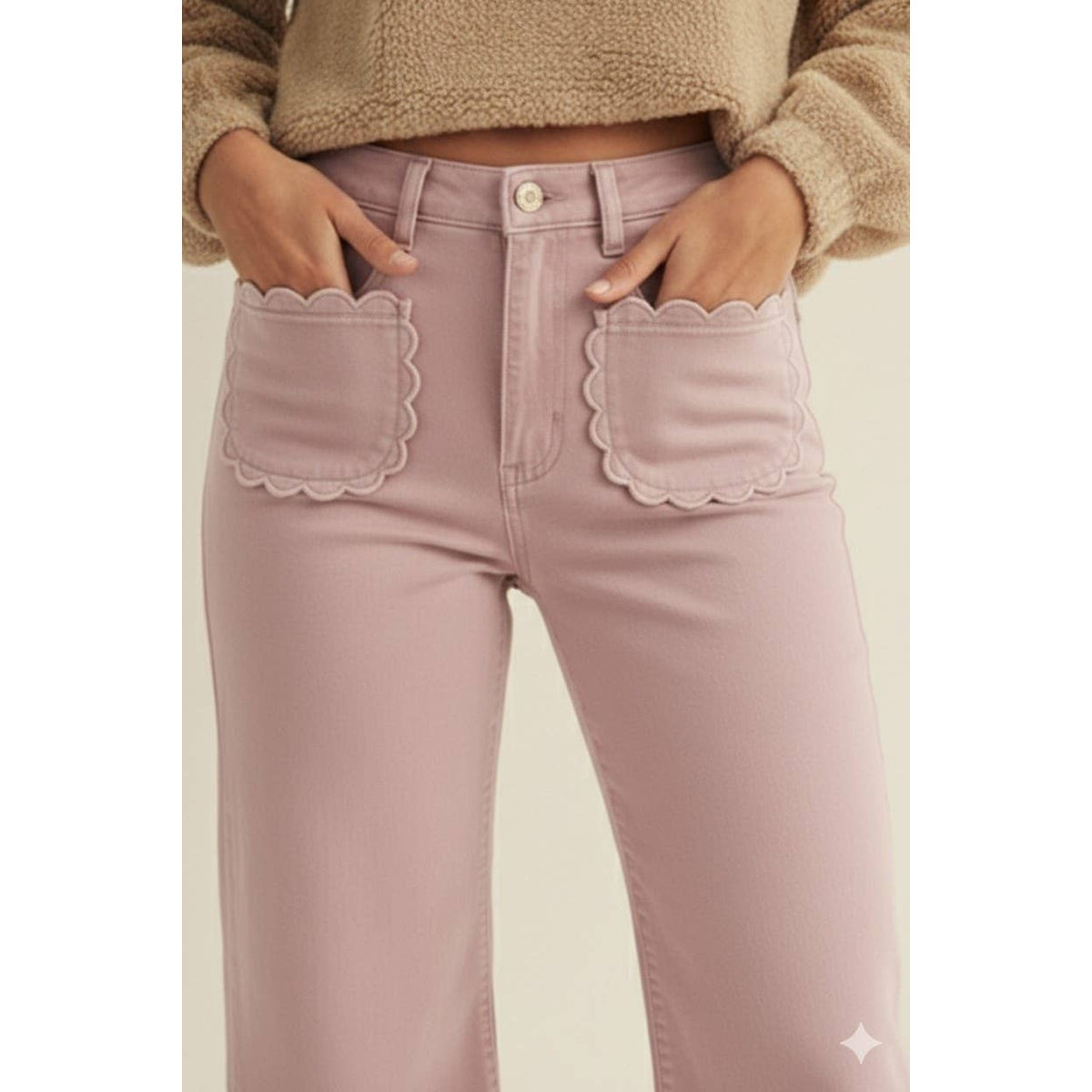 Stretch Mid Rise Scallop Poket Wide Leg Pants