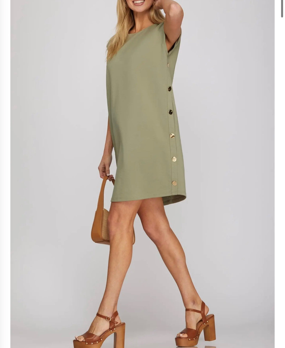 Sleeveless Buttoned Knit Mini Dress with Pockets