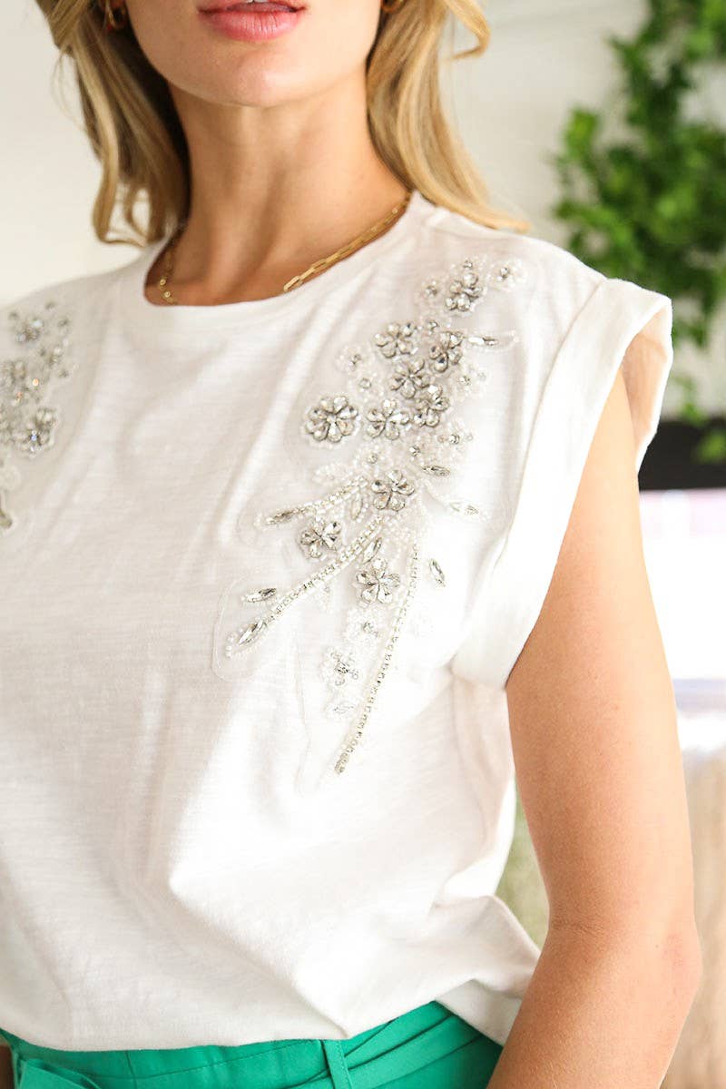 Floral Rhinestone Detail 100% Cotton Knit Top VT81406