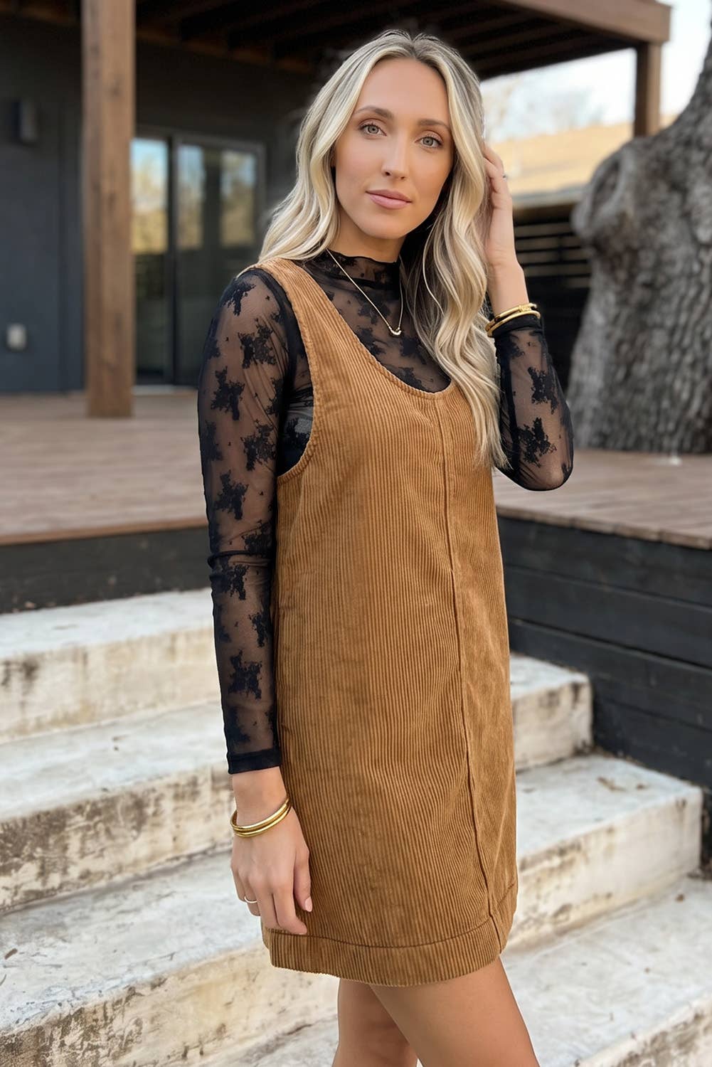 Corduroy Sleeveless Mini Dress With Patched Pockets (S-4X)