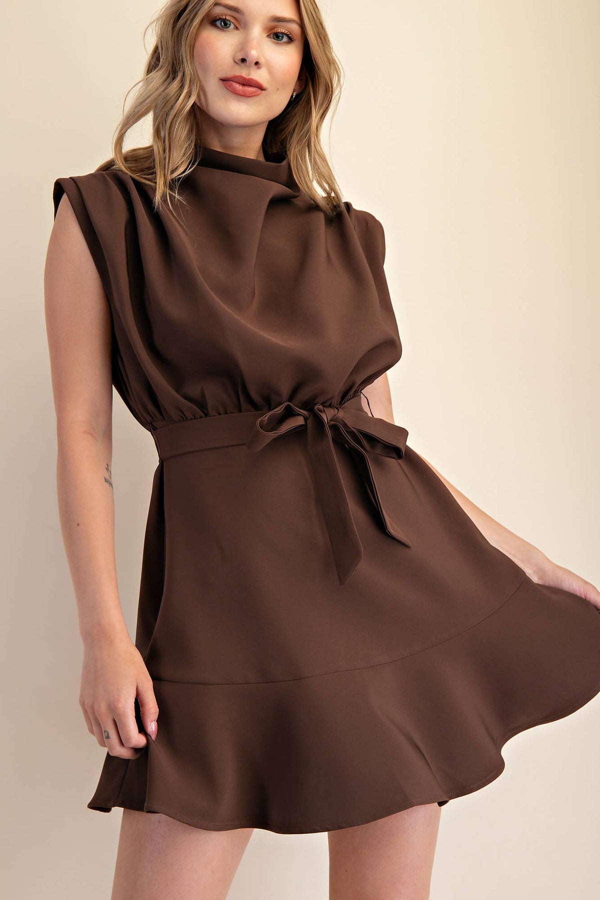 Cowl Neck Sleeveless Waist Tie Fall Mini Dress