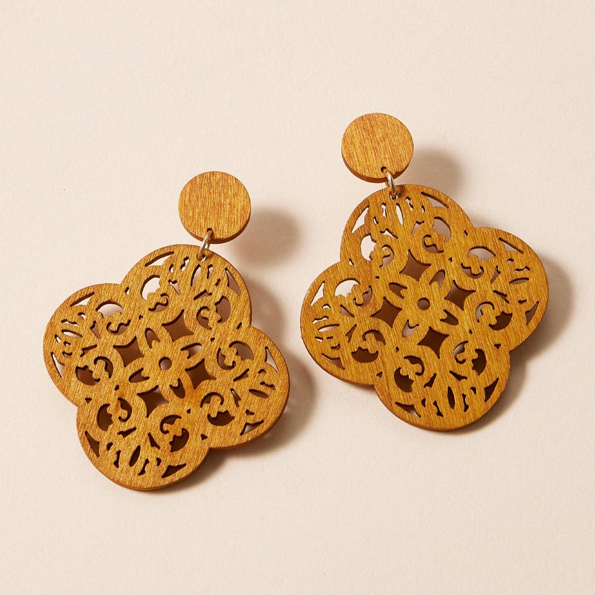 Moroccan Ornate Filigree Wooden Earrings in Earthy Tones