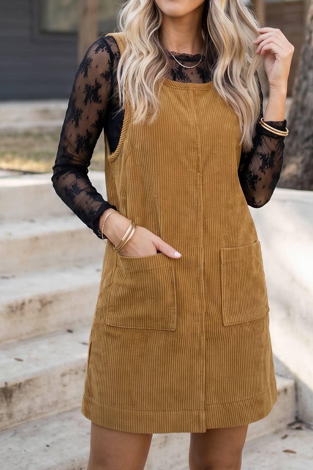 Corduroy Sleeveless Mini Dress With Patched Pockets (S-4X)