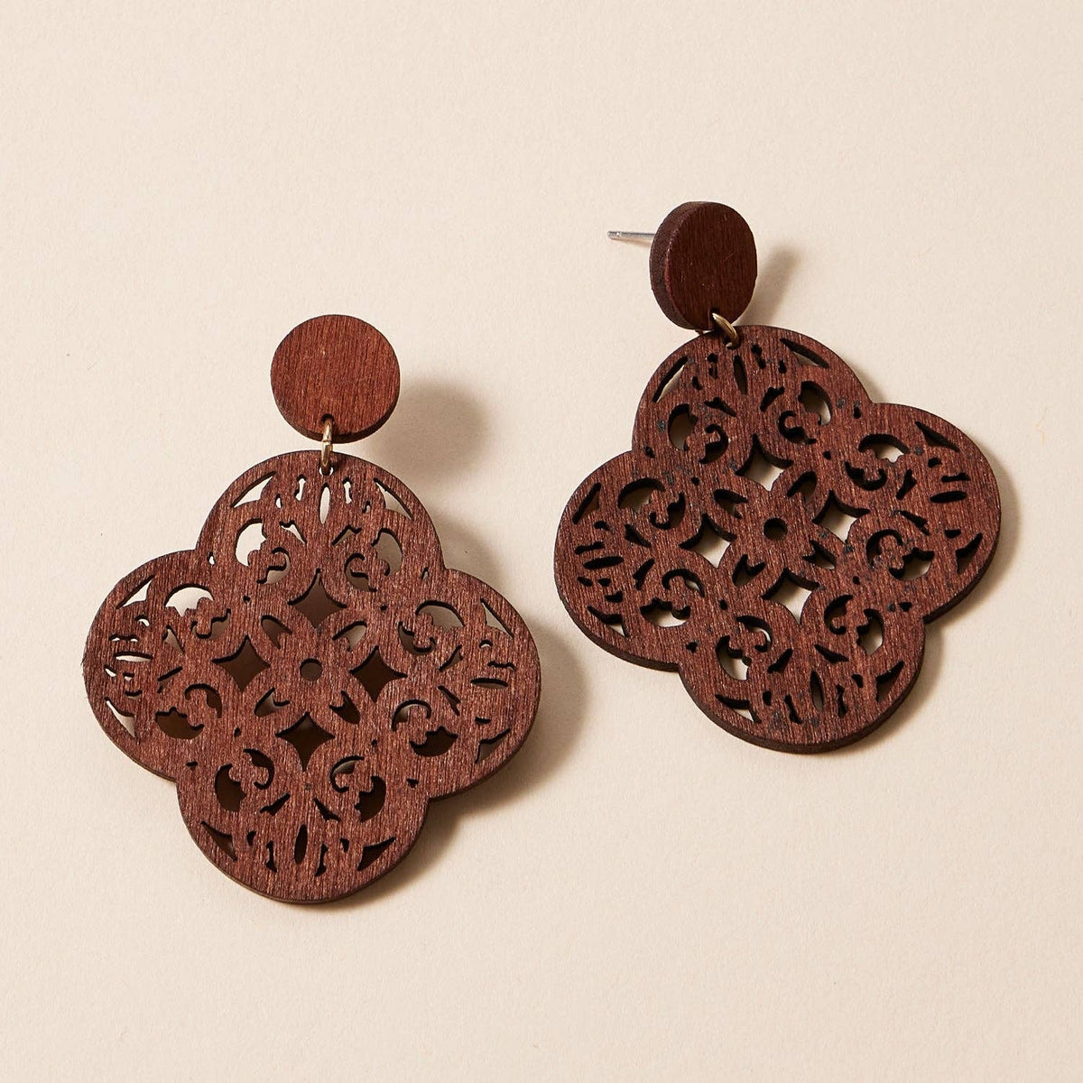 Moroccan Ornate Filigree Wooden Earrings in Earthy Tones