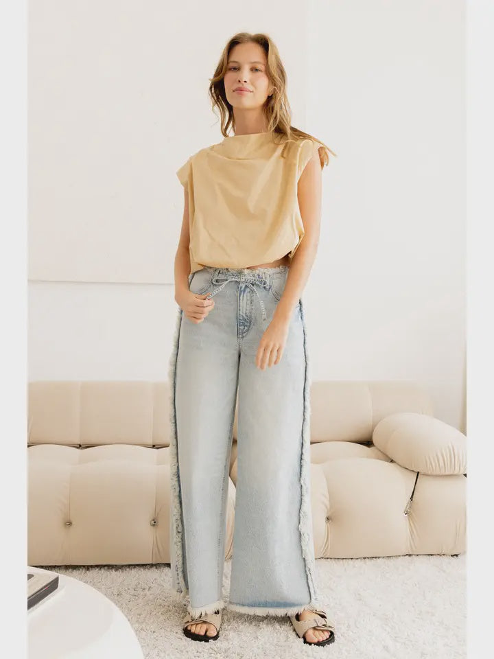 Bubble Hem Drape Neck Short Sleeve Top