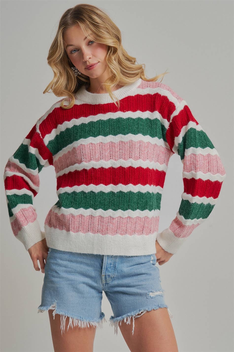 HOLIDAY CHRISTMAS  TEXTURED STRIPE SWEATER TOP_JLT00341-01
