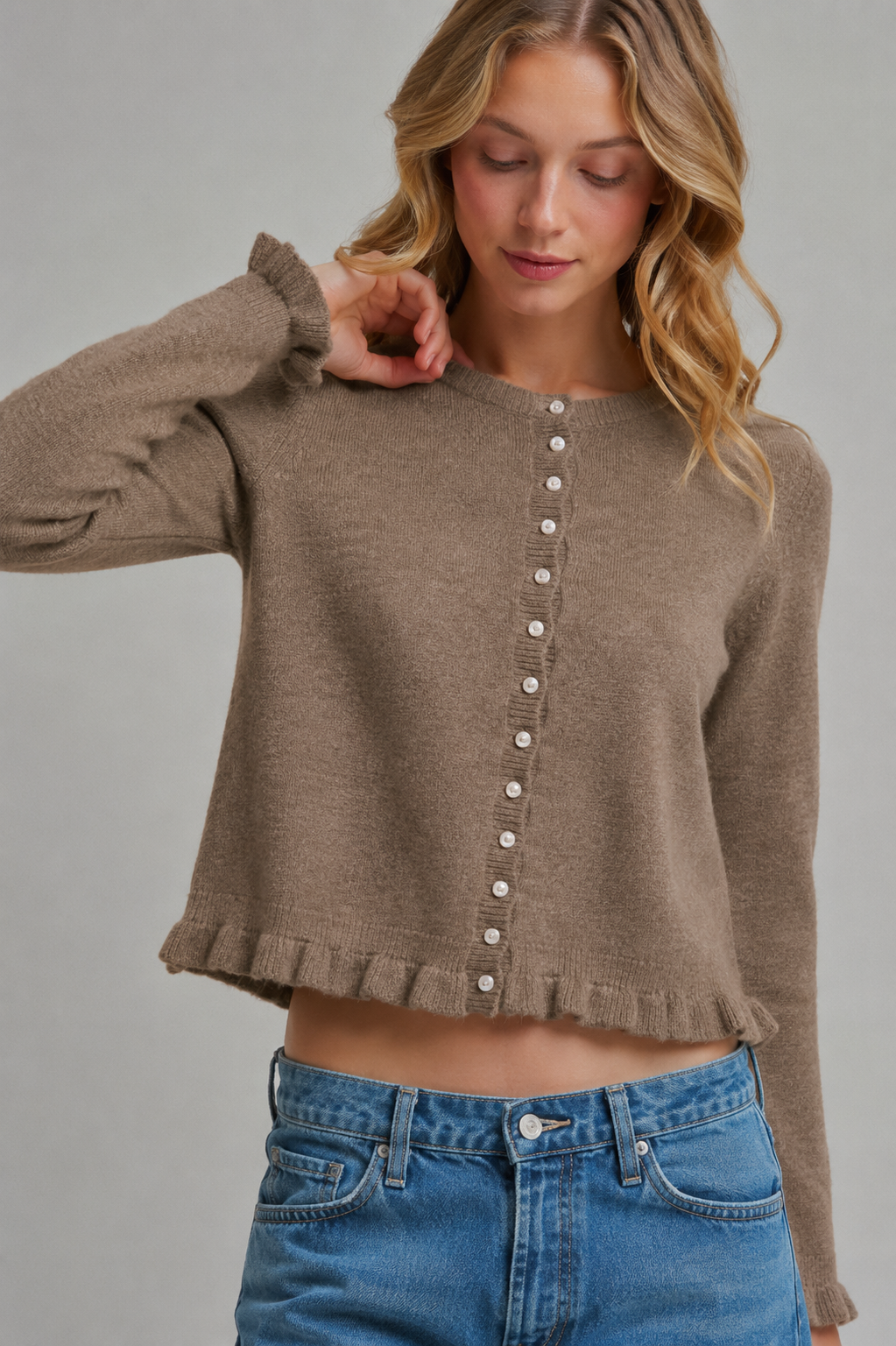 CASUAL CLASSIC BUTTON DOWN RUFFLED CARDIGAN_JLT00436-01