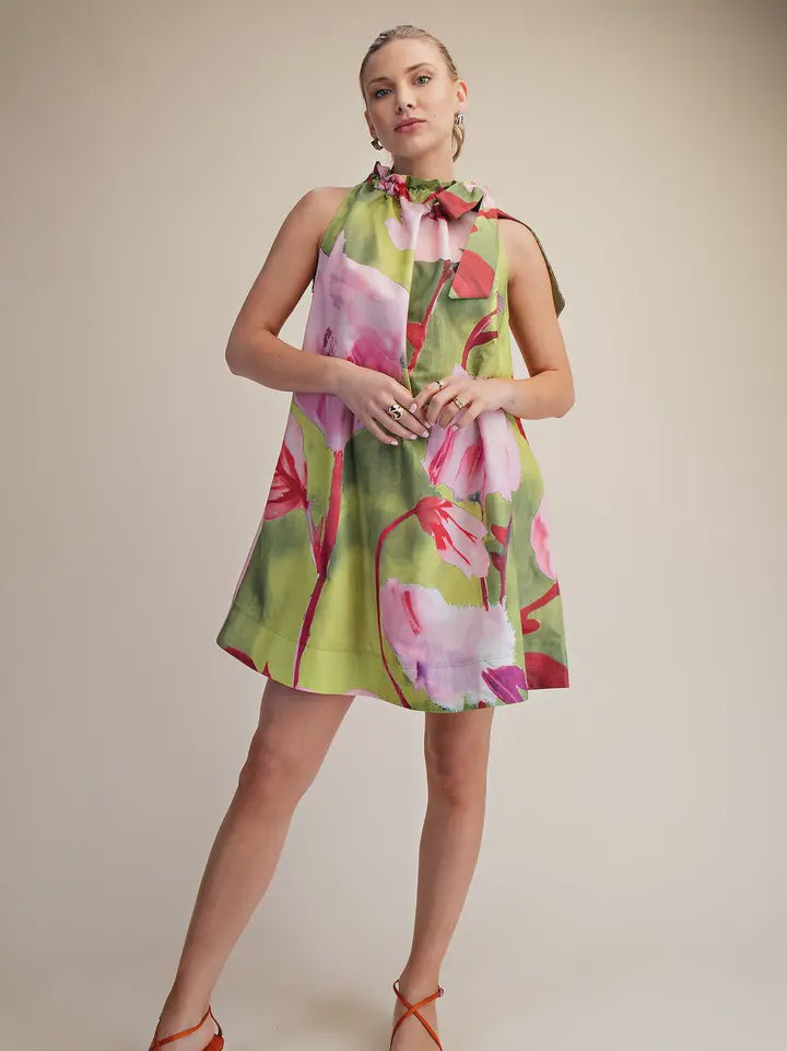 Ruffle Neck Tie Sleeveless Floral Print Mini Dress