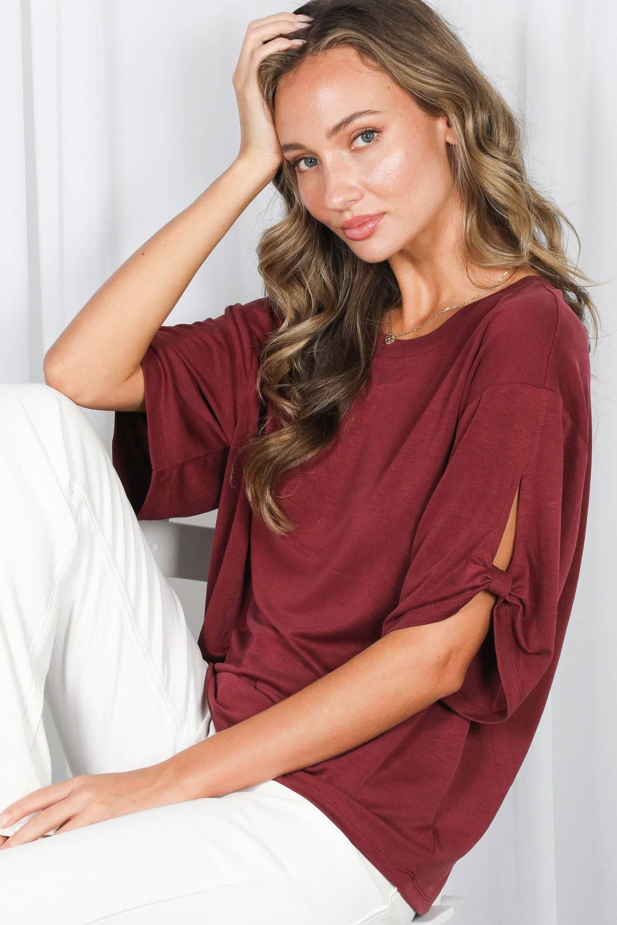 Tie Accent Sleeve Soft Casual T-Shirt Top VT82907