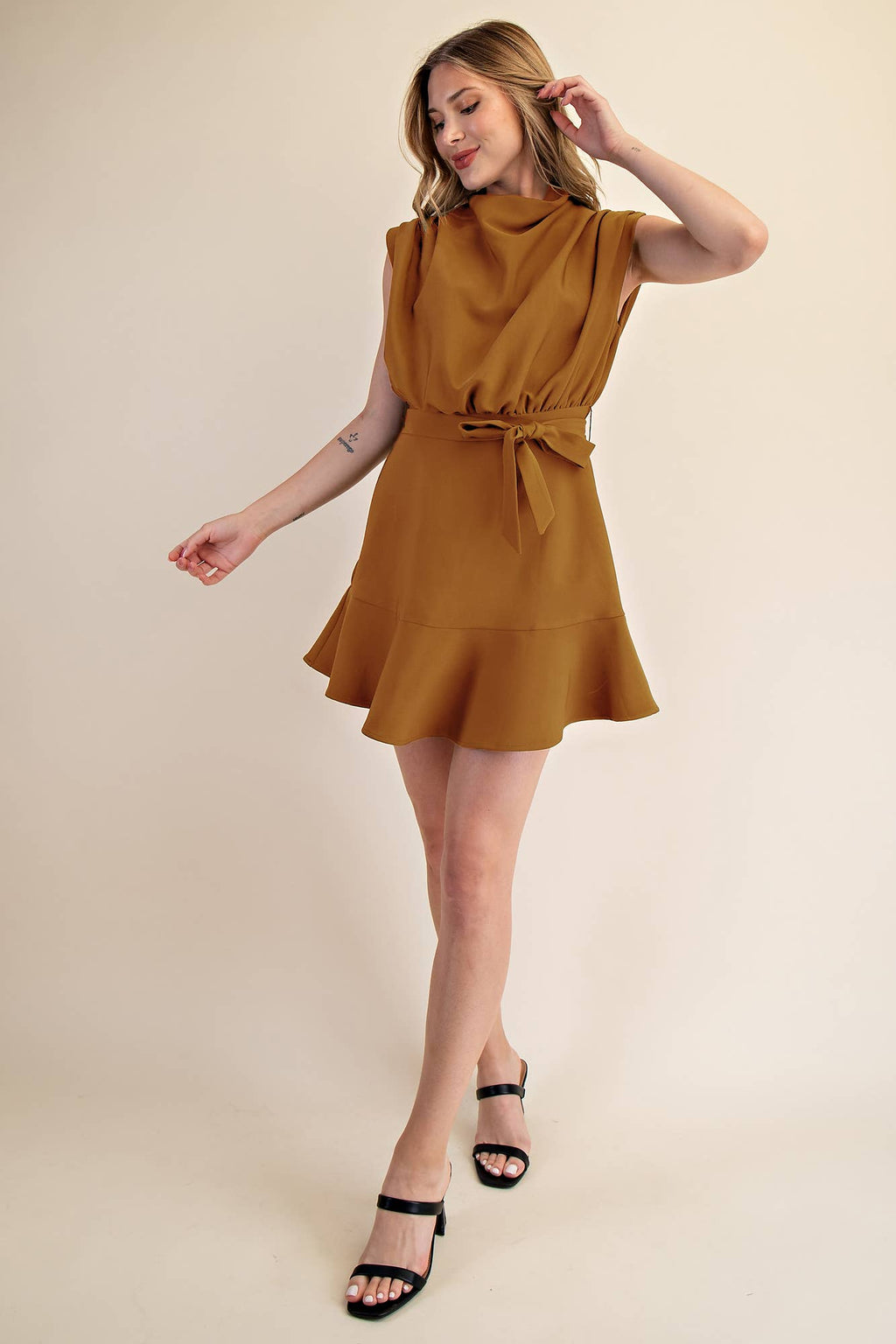 Cowl Neck Sleeveless Waist Tie Fall Mini Dress