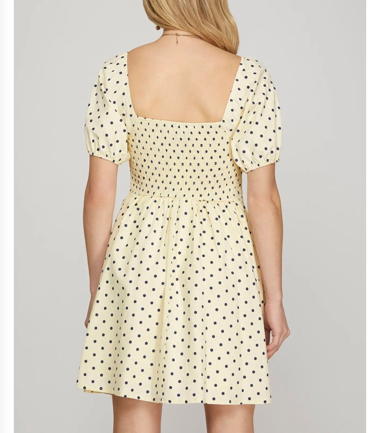 Short Puff Sleeve Pleated Polka Dot Dress with Pockets